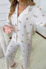 Women's Ecru Floral Printed Winter Long Pajamas Set - Image 5