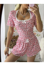 Floral Lace Square Neck Knitted Short Sleeve Shorts Pajama Set - Image 2