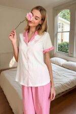 Pink Collared and Ruffle Detailed Short Sleeve Buttoned Pajama Set