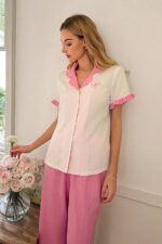 Pink Collared and Ruffle Detailed Short Sleeve Buttoned Pajama Set - Image 3