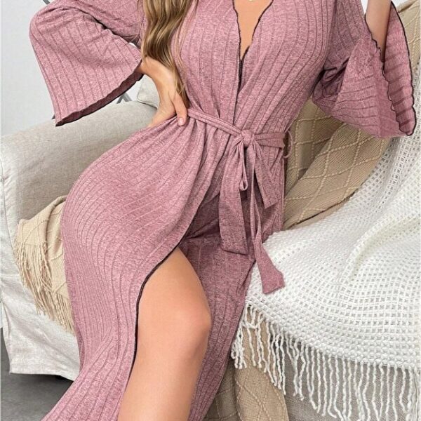 Women's Dusty Rose Ribbed Cotton Dressing Gown