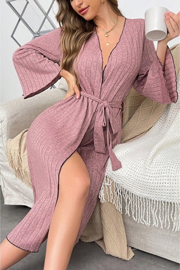 1_org_zoom-1446.jpg Women's Dusty Rose Ribbed Cotton Dressing Gown - Image 1