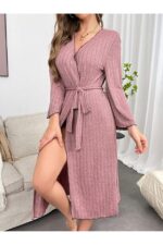 Women's Dusty Rose Ribbed Cotton Dressing Gown - Image 2