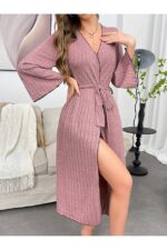 Women's Dusty Rose Ribbed Cotton Dressing Gown - Image 3