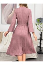 Women's Dusty Rose Ribbed Cotton Dressing Gown - Image 5