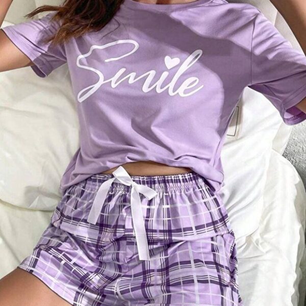 Lilac Plaid Sports Pajamas Set with Shorts
