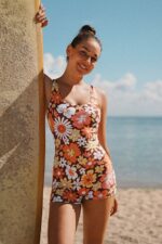 Retro Floral Patterned Backless Shorts Swimsuit - Image 7