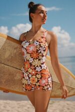 Retro Floral Patterned Backless Shorts Swimsuit - Image 8