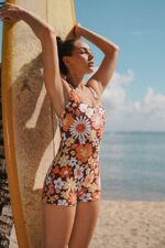 Retro Floral Patterned Backless Shorts Swimsuit - Image 9