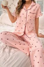 Cherry patterned buttoned baby collar long pajama set