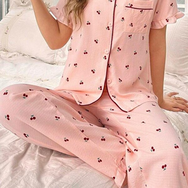 Cherry patterned buttoned baby collar long pajama set