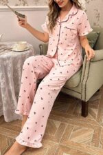 Cherry patterned buttoned baby collar long pajama set - Image 3