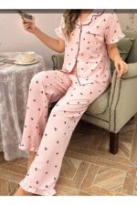Cherry patterned buttoned baby collar long pajama set - Image 4