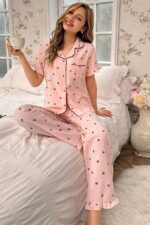 Cherry patterned buttoned baby collar long pajama set - Image 6