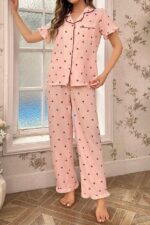 Cherry patterned buttoned baby collar long pajama set - Image 7