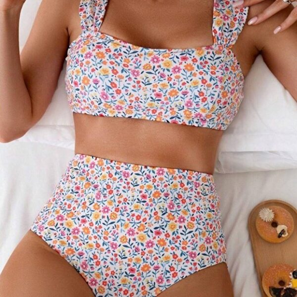 Minimalist Floral Print Covered High Waist Bikini Set