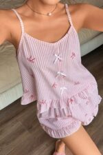 Pink striped bow detail suspender shorts pajama set - Image 4