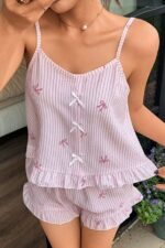 Pink striped bow detail suspender shorts pajama set - Image 5