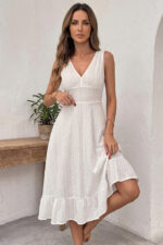 Women's White Scallop Collar Double-Breasted Flounce Dress with Tie Back - Image 4