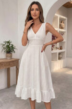 Women's White Scallop Collar Double-Breasted Flounce Dress with Tie Back - Image 5