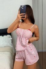 Pink Women's Striped Heart Patterned Strappy Shorts Pajama Set - Image 2