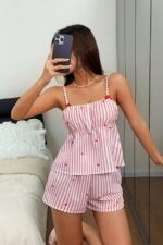 Pink Women's Striped Heart Patterned Strappy Shorts Pajama Set - Image 4