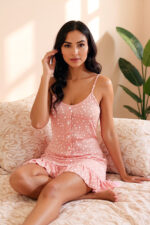 Pink Ornamental Buttoned Nightgown with Rope Strap - Image 2