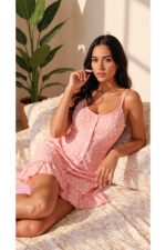 Pink Ornamental Buttoned Nightgown with Rope Strap - Image 4