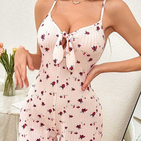 Powder Pink Printed Lace-Up Strap Jumpsuit Nightgown