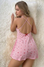 Powder Pink Bow Patterned Nightgown with Thin Straps and Slit Detail - Image 5