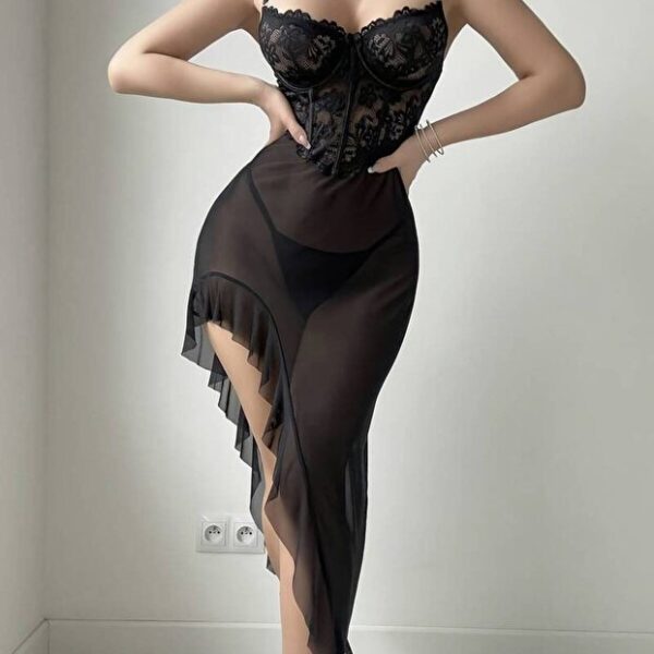 Black Thin Strap Lace Asymmetrical Nightgown
