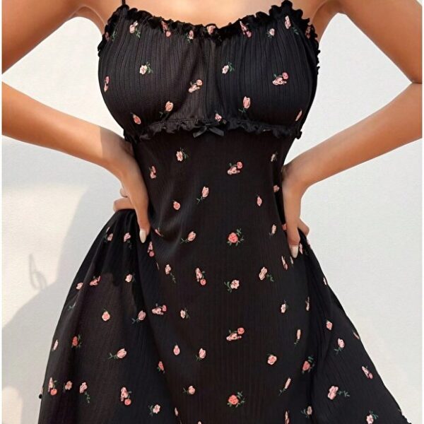 Romantic Printed Ribbed Frilly Night Dress Nightgown