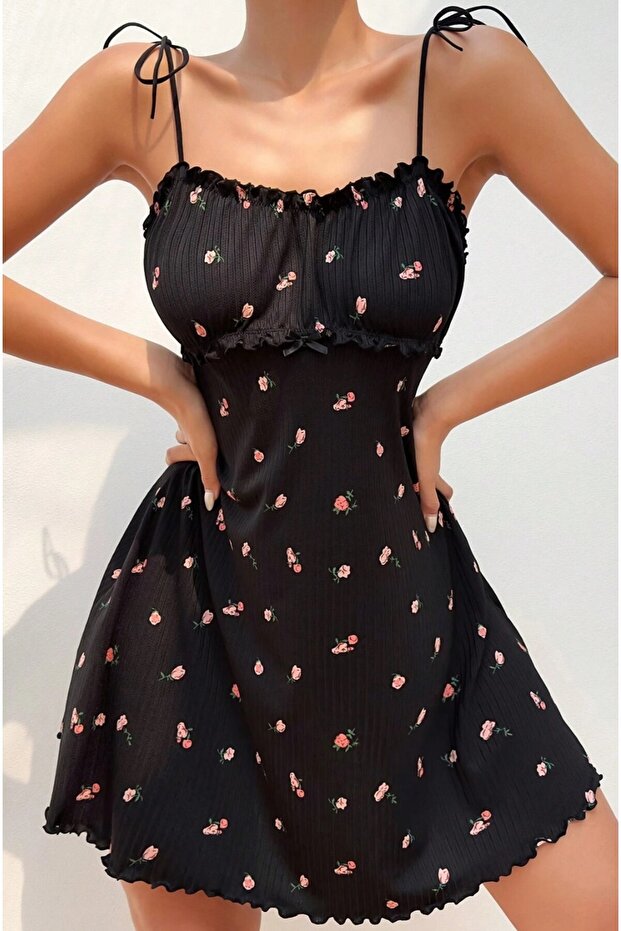1_org_zoom-263.jpg Romantic Printed Ribbed Frilly Night Dress Nightgown - Image 1