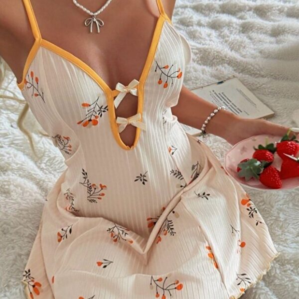 Romantic Ecru Mustard Floral Patterned Nightgown with Bow Detail