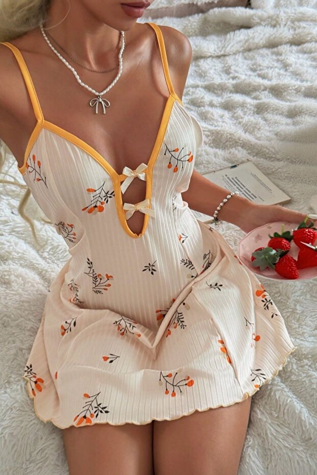 1_org_zoom-286.jpg Romantic Ecru Mustard Floral Patterned Nightgown with Bow Detail - Image 1