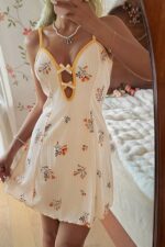 Romantic Ecru Mustard Floral Patterned Nightgown with Bow Detail - Image 4