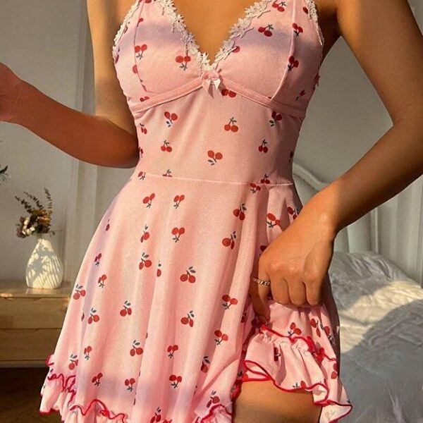 Romantic Pink Cherry Printed Strappy Thong And Nightgown