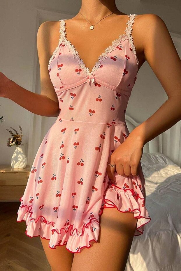 1_org_zoom-300.jpg Romantic Pink Cherry Printed Strappy Thong And Nightgown - Image 1