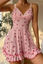 Romantic Pink Cherry Printed Strappy Thong And Nightgown - Image 4