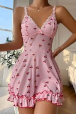 Romantic Pink Cherry Printed Strappy Thong And Nightgown - Image 5