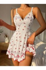 Romantic White Cherry Printed Strappy Thong and Nightdress