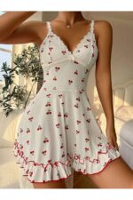 Romantic White Cherry Printed Strappy Thong and Nightdress - Image 3