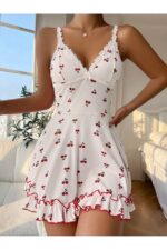 Romantic White Cherry Printed Strappy Thong and Nightdress - Image 4