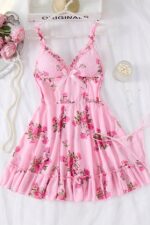 Pink Rose Patterned Ruffle Strap Mini Nightgown with Bow Detail