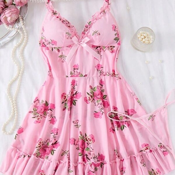 Pink Rose Patterned Ruffle Strap Mini Nightgown with Bow Detail