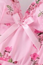 Pink Rose Patterned Ruffle Strap Mini Nightgown with Bow Detail - Image 2