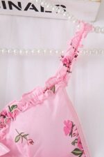 Pink Rose Patterned Ruffle Strap Mini Nightgown with Bow Detail - Image 3