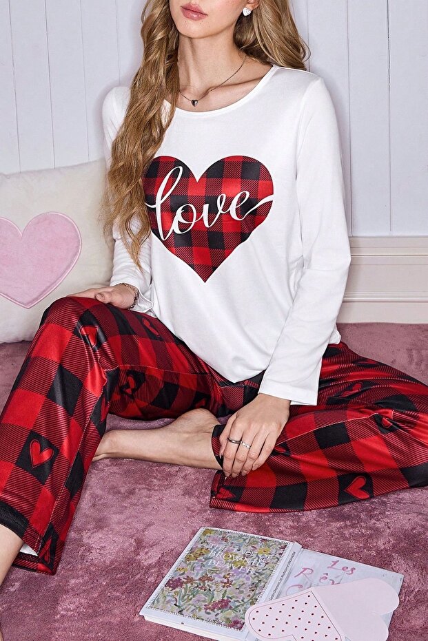 1_org_zoom-340.jpg Red Plaid Piece Women's Couple Pajama Set - Image 1