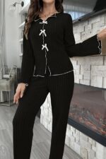 Black Cotton Bow Detailed Long Sleeve Pajama Set