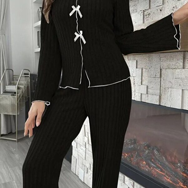 Black Cotton Bow Detailed Long Sleeve Pajama Set